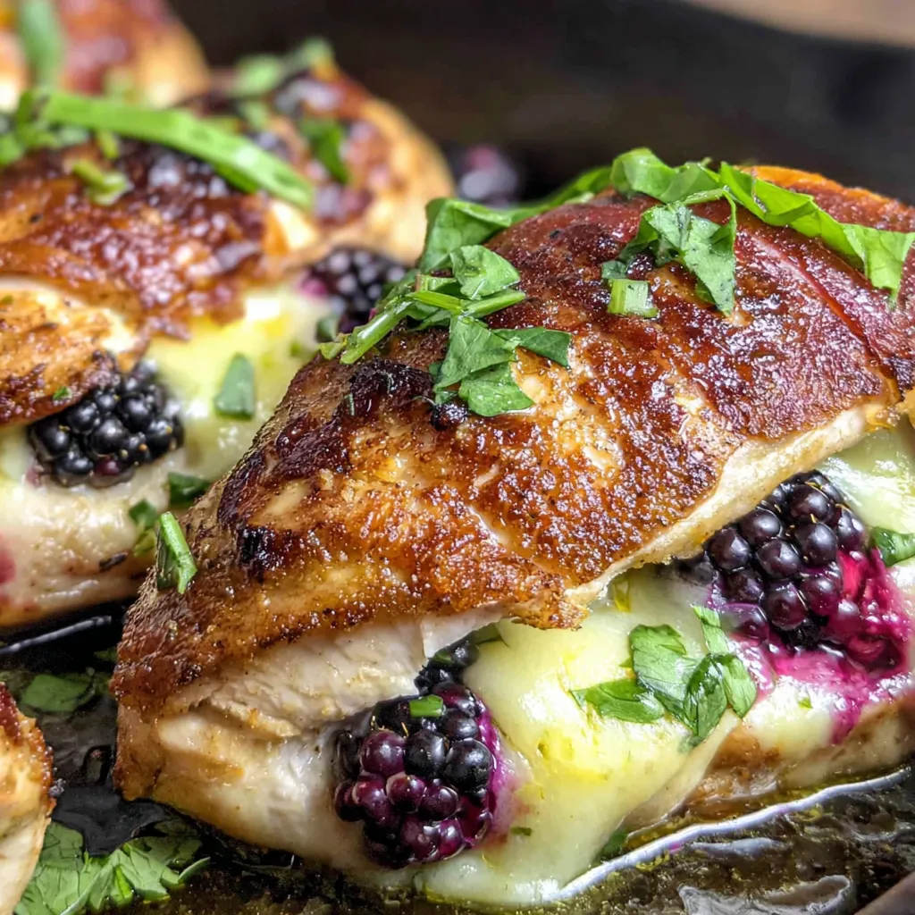 Chicken with blackberries and cheese.