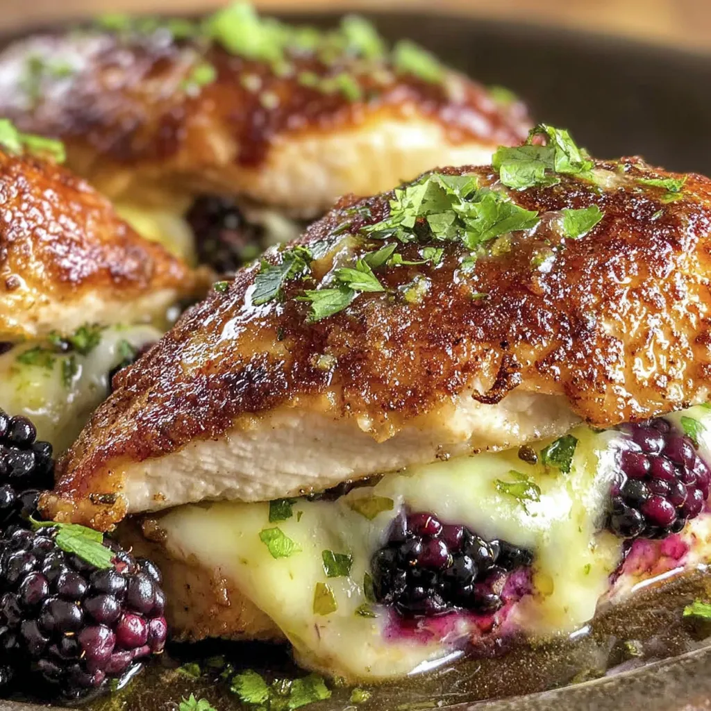 Chicken with blackberries and cheese.