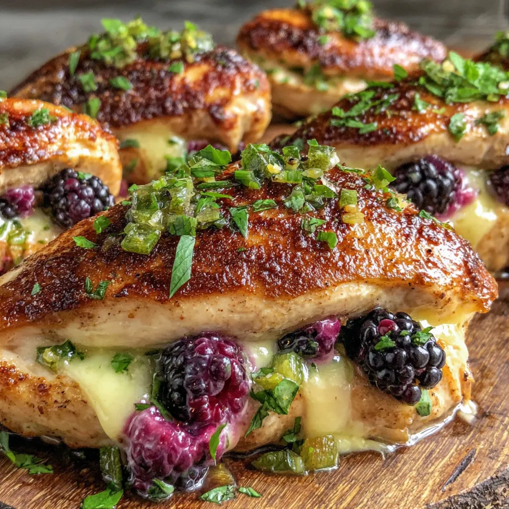 Chicken with blackberries and green onions.