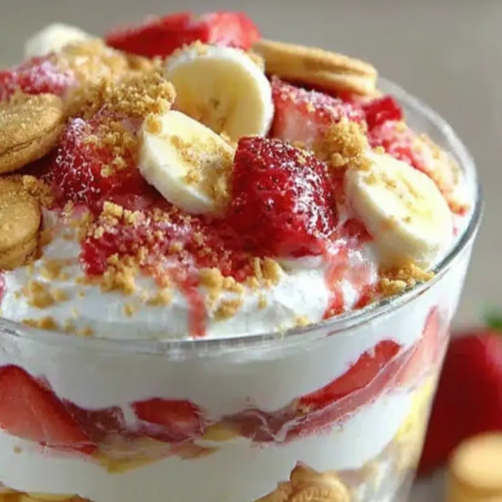 A glass of fruit salad with strawberries, bananas, and nuts.