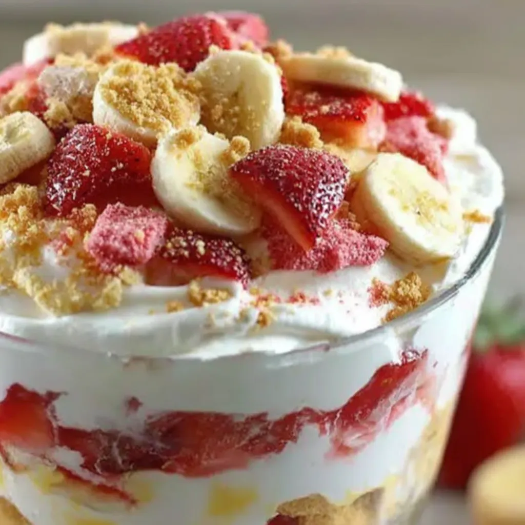 A bowl of fruit with bananas, strawberries, and whipped cream.