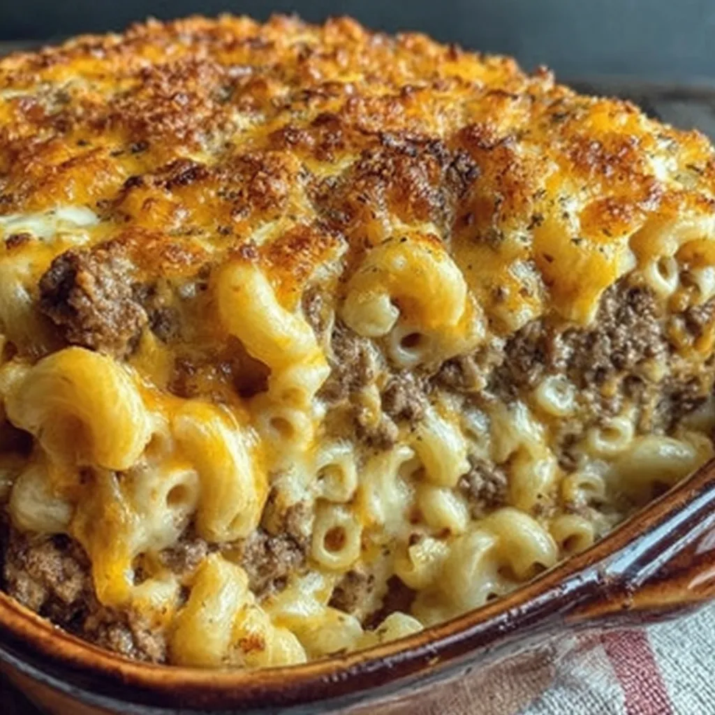 A casserole dish filled with macaroni and meat.