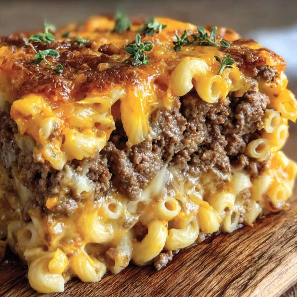 A casserole dish with macaroni and meat.