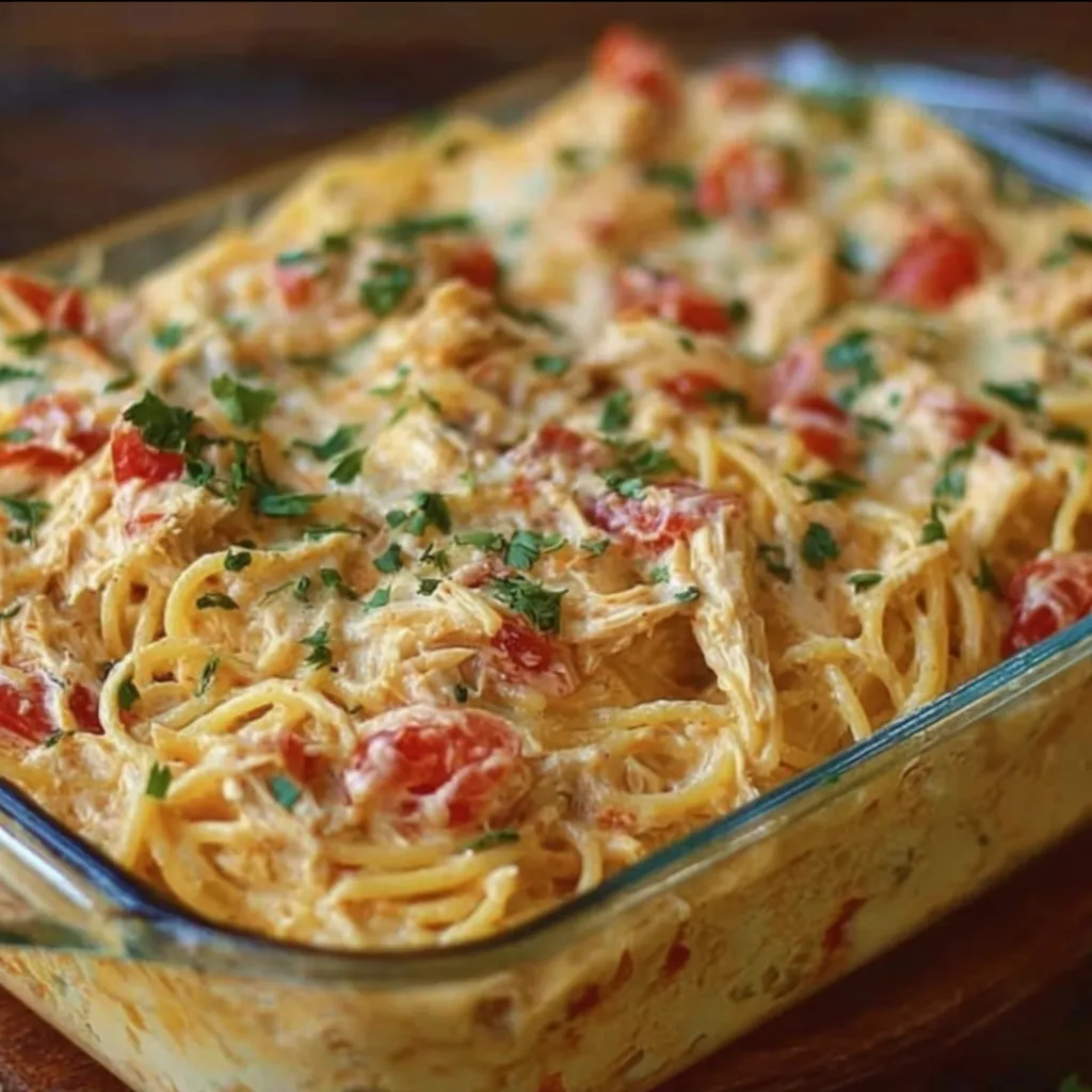 A dish of pasta with tomatoes and herbs.