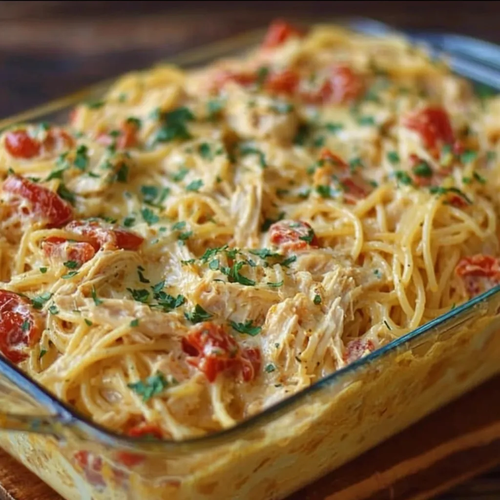 A dish of pasta with chicken and tomatoes.