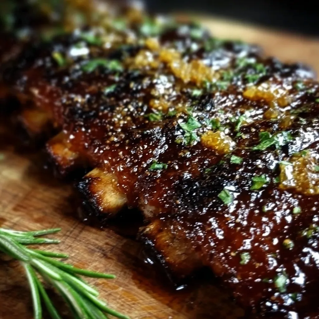A close up of BBQ ribs on a wooden table.