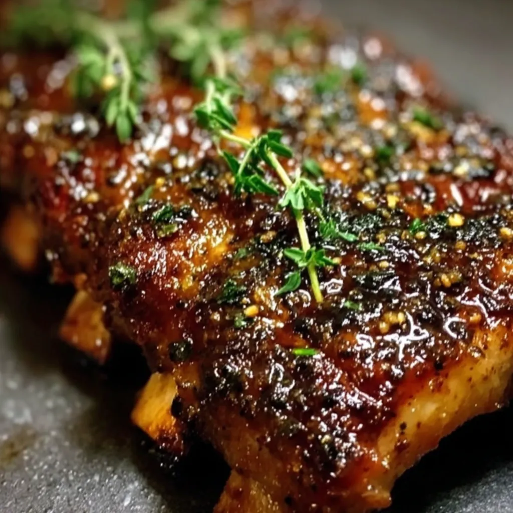 A close up of a piece of meat with herbs on it.