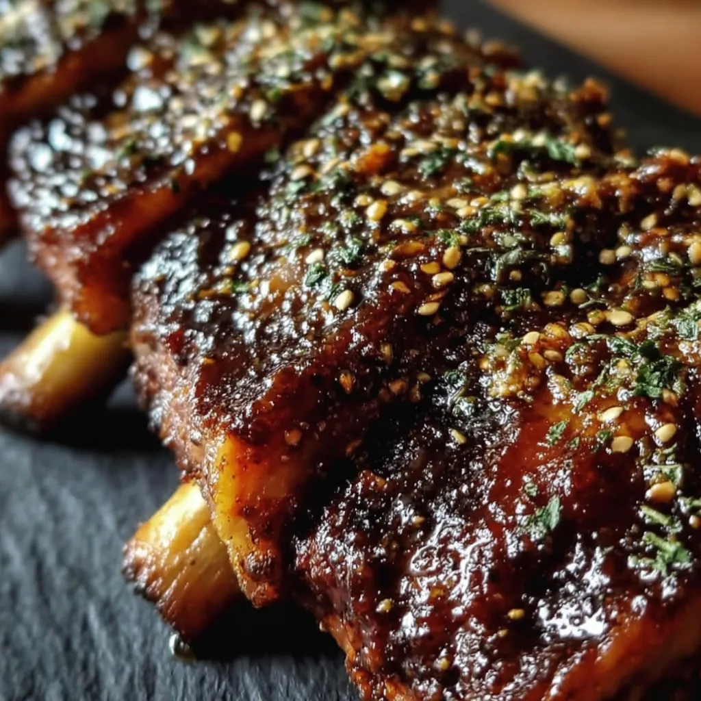 A close up of BBQ ribs on a black table.