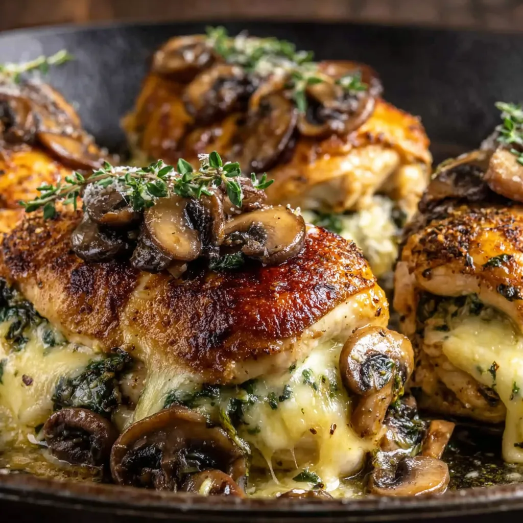 A pan of chicken with mushrooms and herbs.