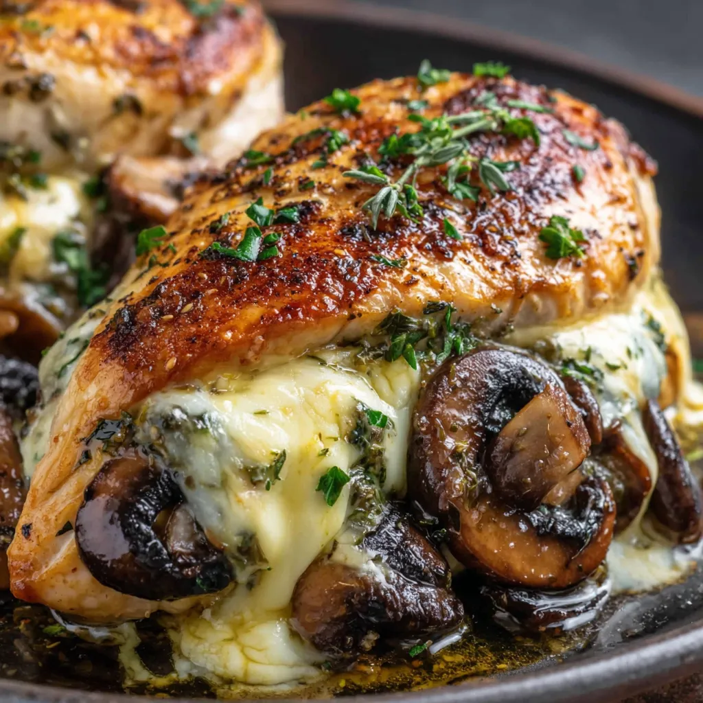 A close up of a piece of chicken with mushrooms and herbs.