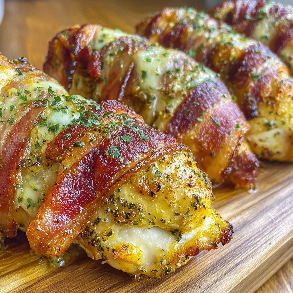 Bacon wrapped chicken with cheese and herbs.