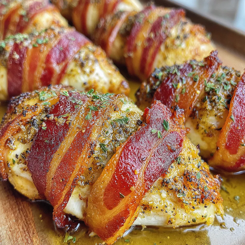 Bacon wrapped chicken on a wooden board.