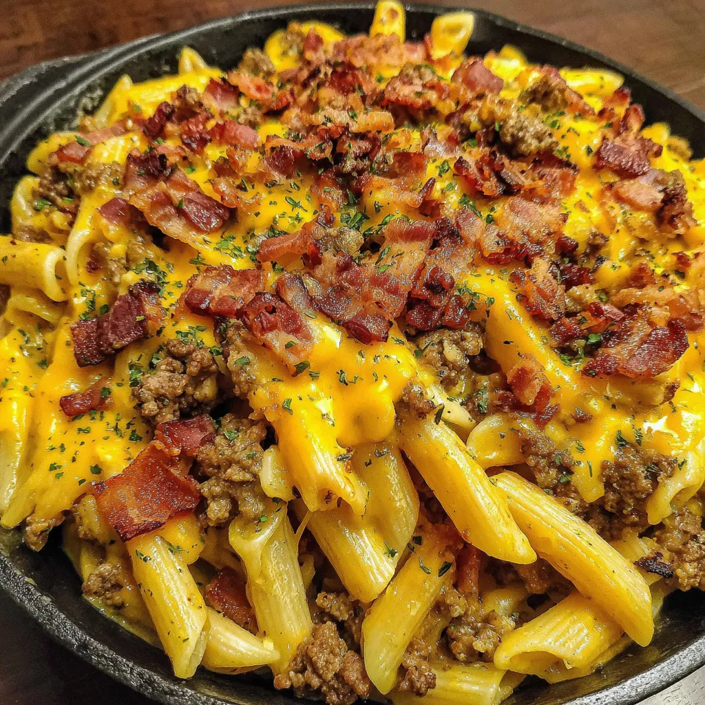 A bowl of macaroni and cheese with bacon.