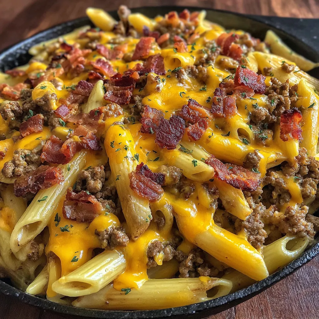 A plate of pasta with cheese and bacon.
