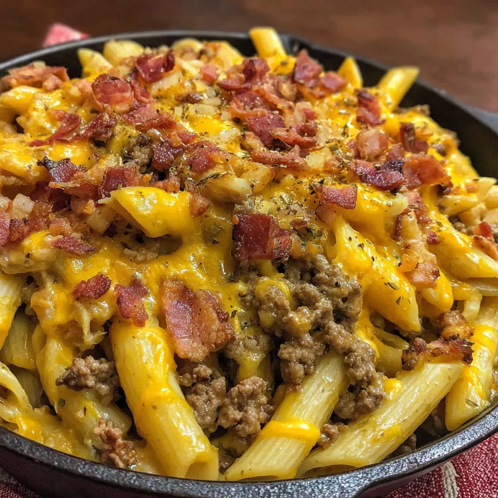 A plate of pasta with cheese and bacon.