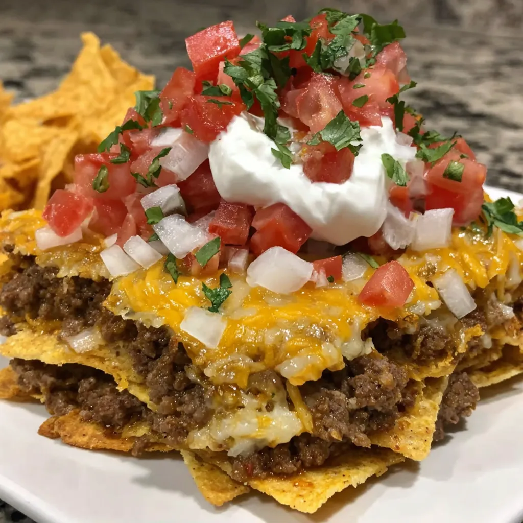 A plate of nachos with white cheese and tomatoes.