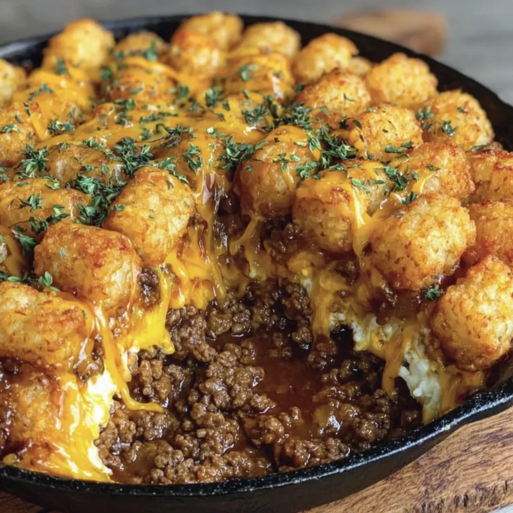 A delicious meal of tater tots and meat.