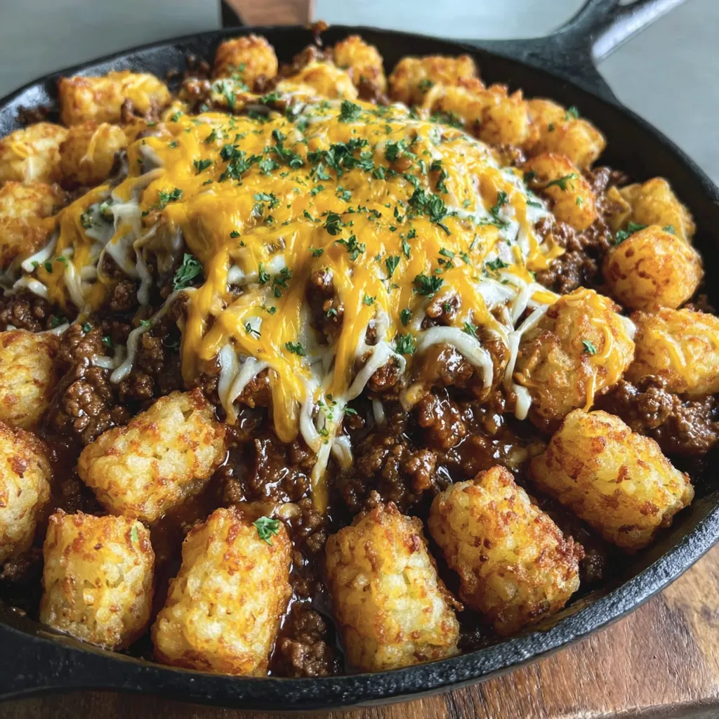 A delicious meal of chili cheese tater tots.