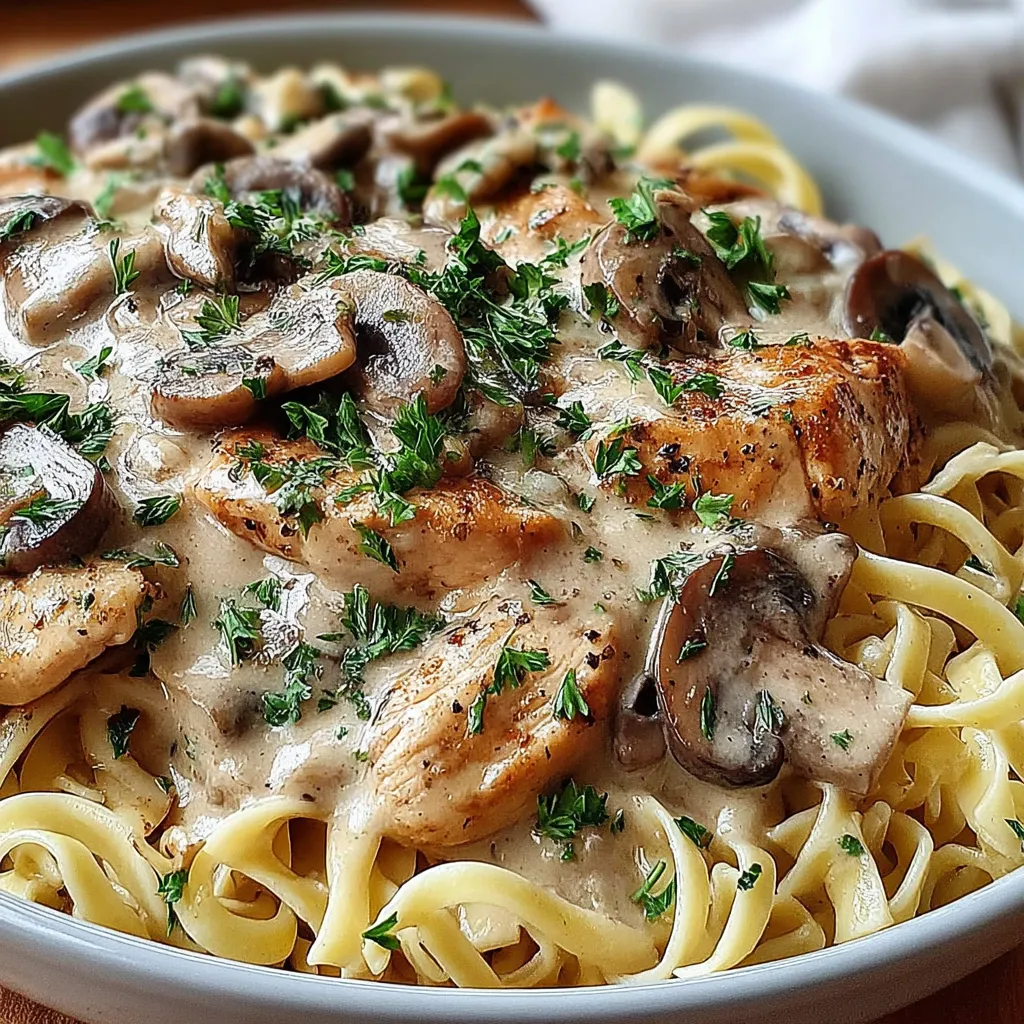 A bowl of pasta with chicken and mushrooms.