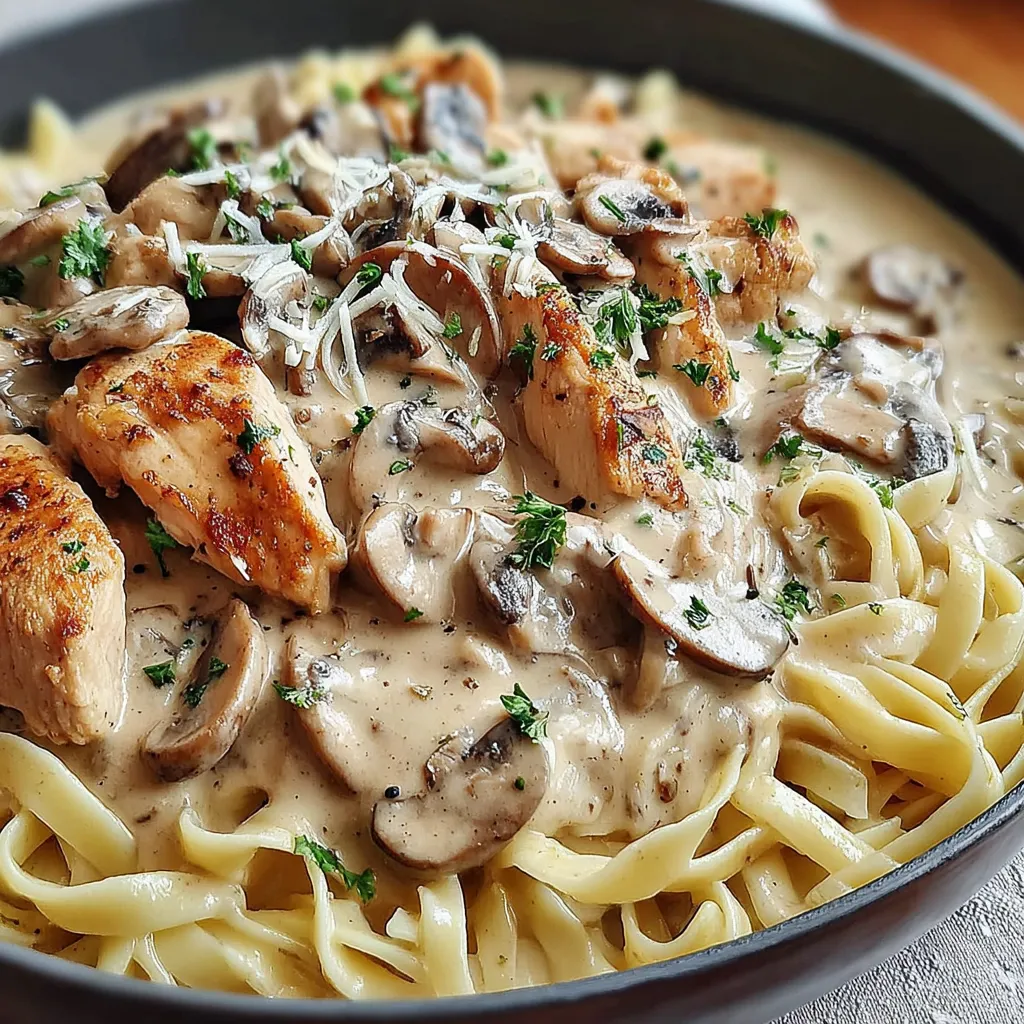 A bowl of pasta with chicken and mushrooms.