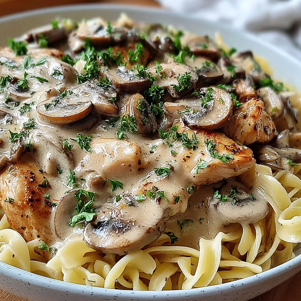 A plate of food with mushrooms and noodles.