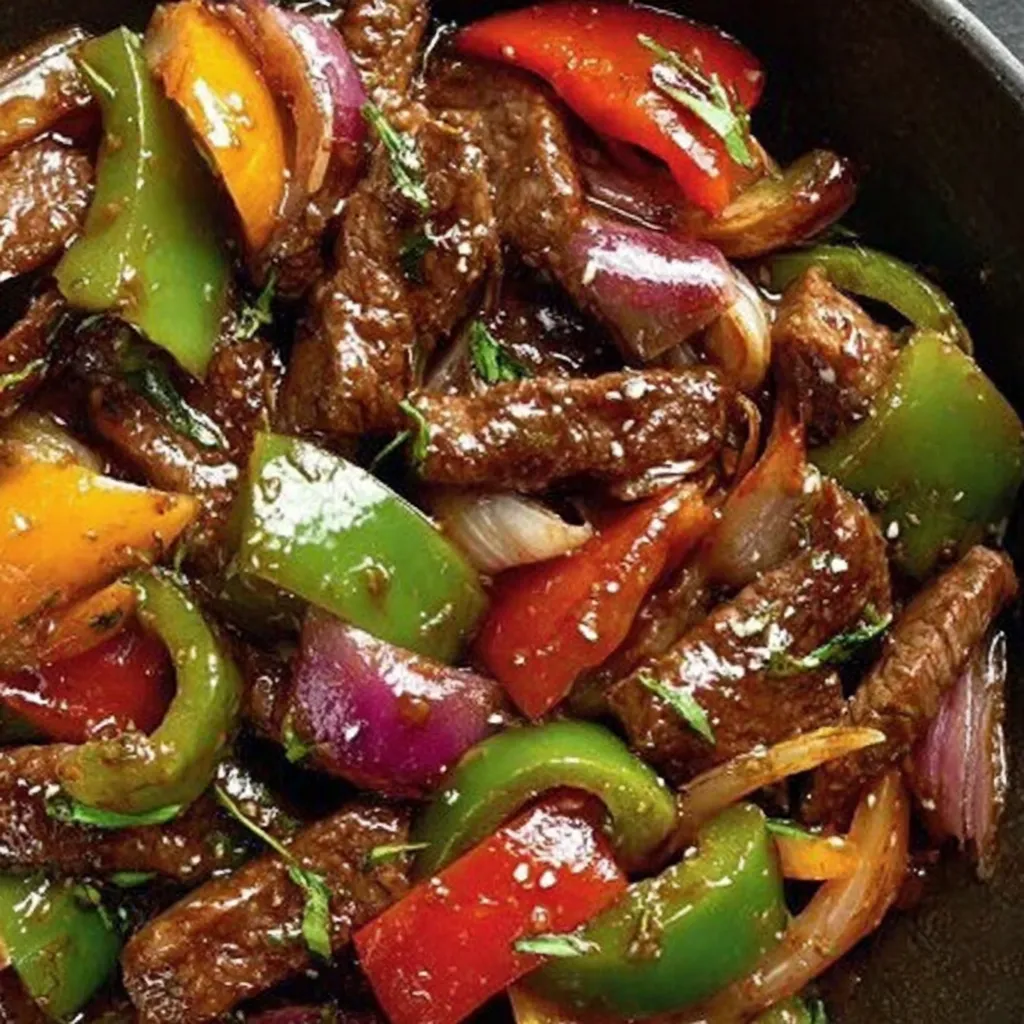 A bowl of beef and peppers.