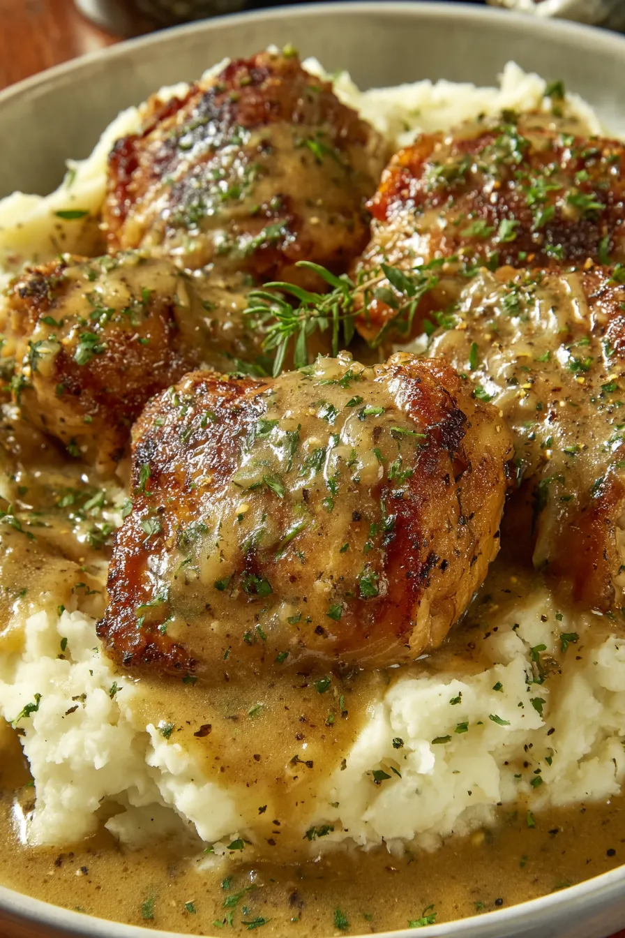 Chicken with gravy and herbs.