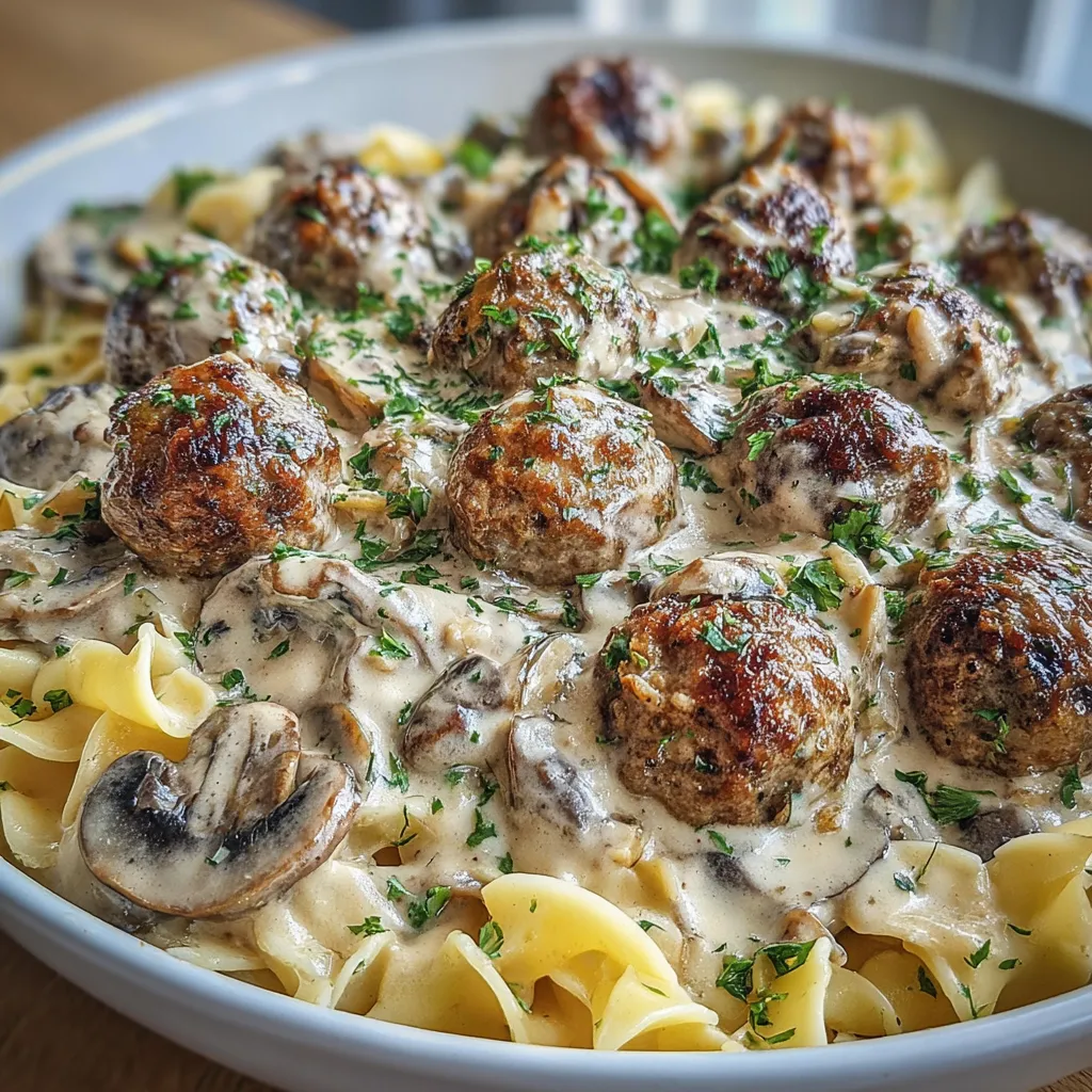 A plate of food with meatballs and mushrooms.