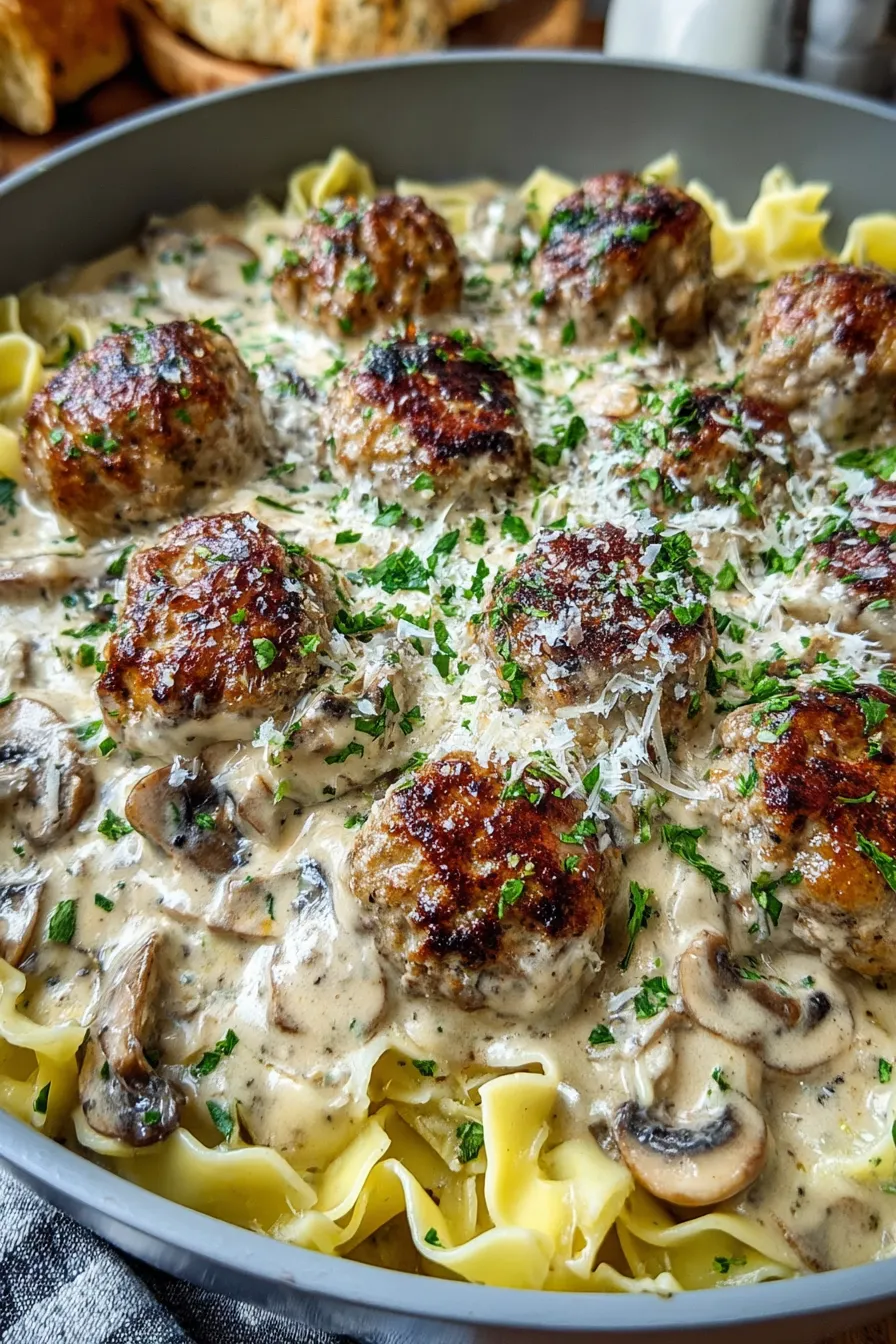 A plate of food with meatballs and mushrooms.