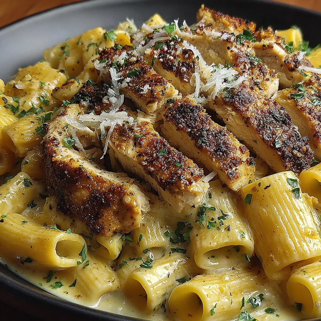 A plate of pasta with chicken and cheese.