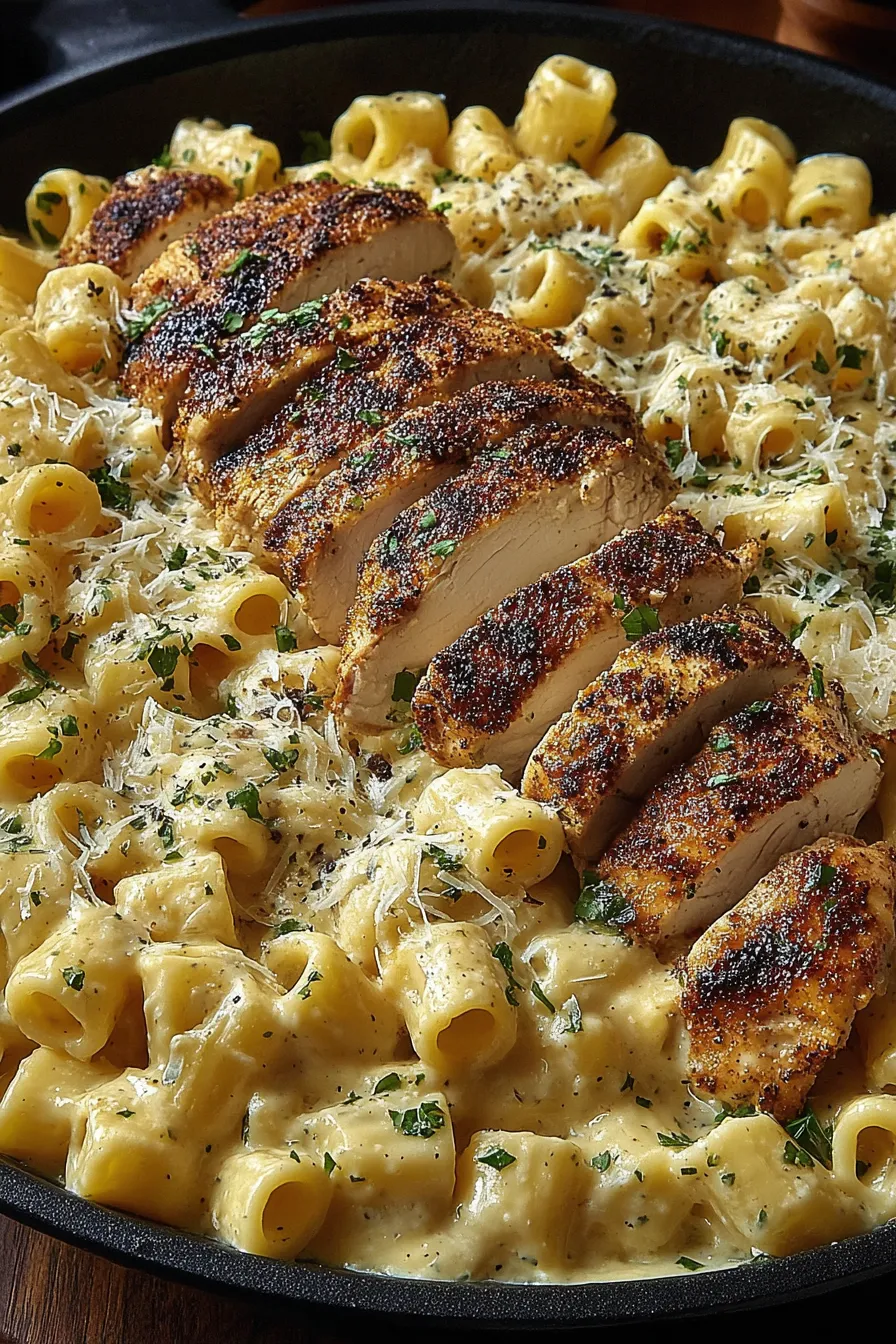 A plate of food with chicken and pasta.