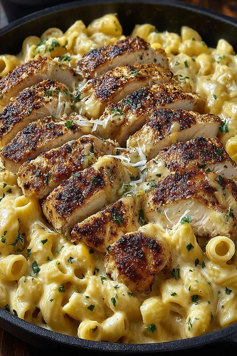 A plate of food with chicken and pasta.