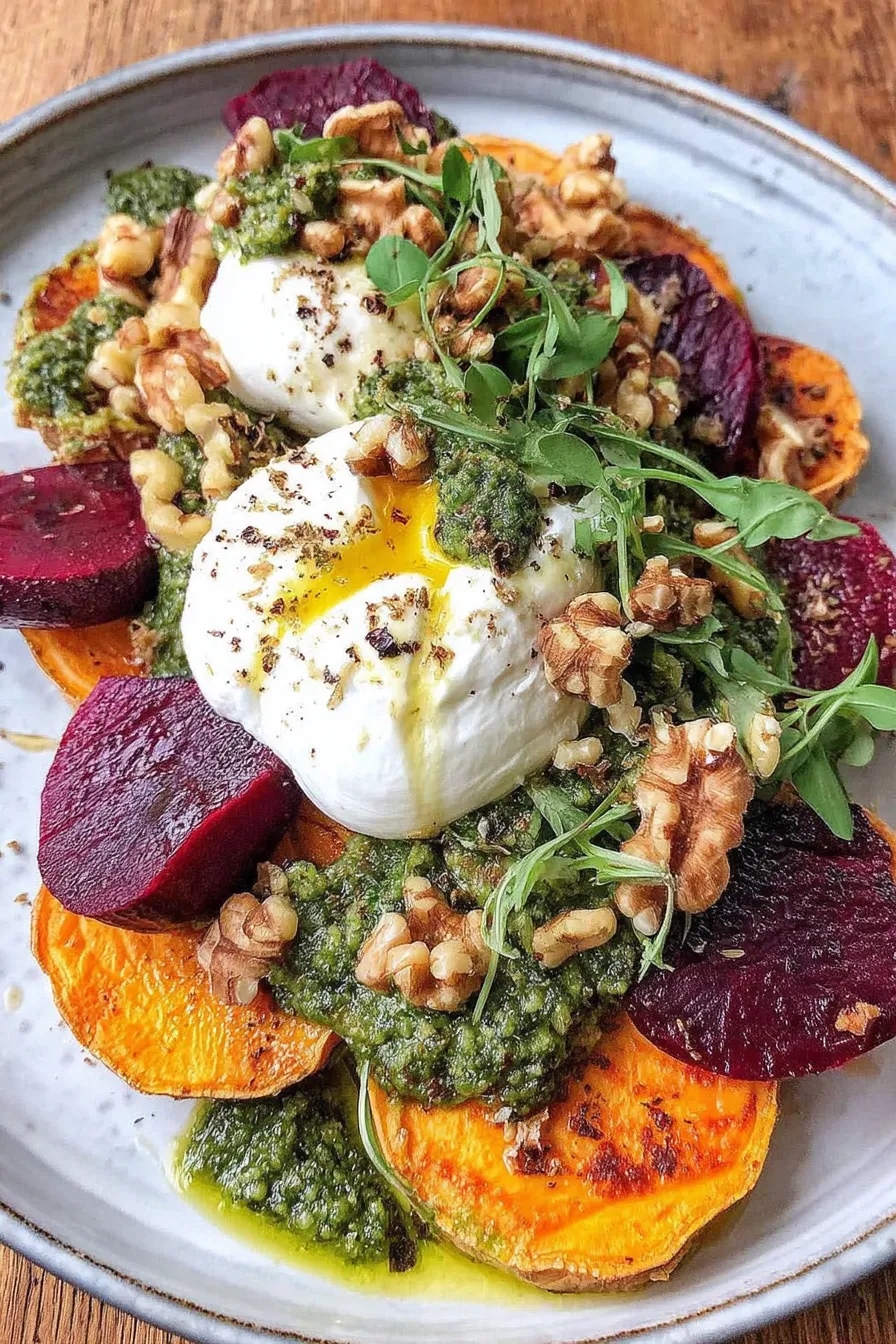 A plate of food with a nut on top.