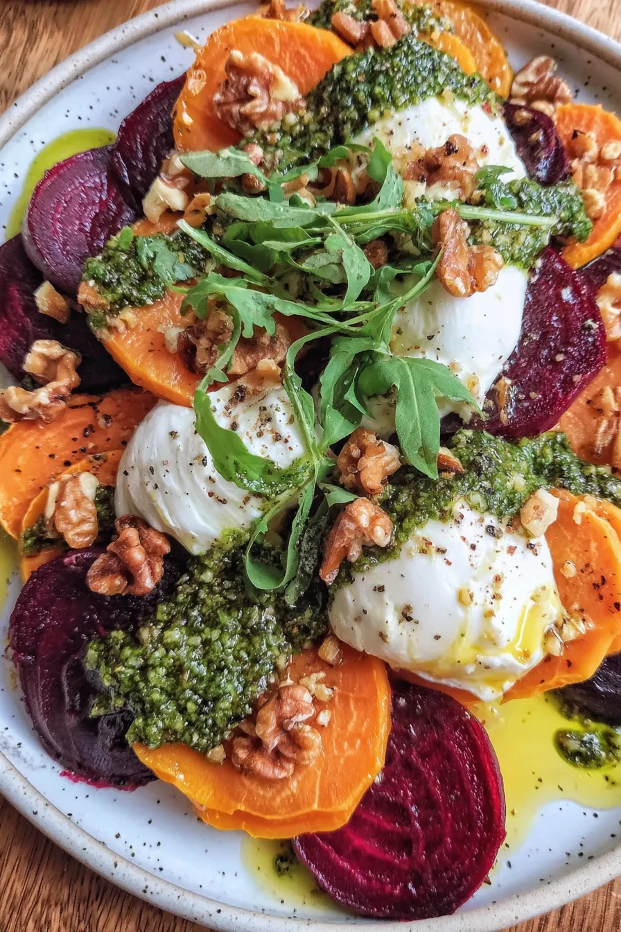 A plate of food with a nut on top.