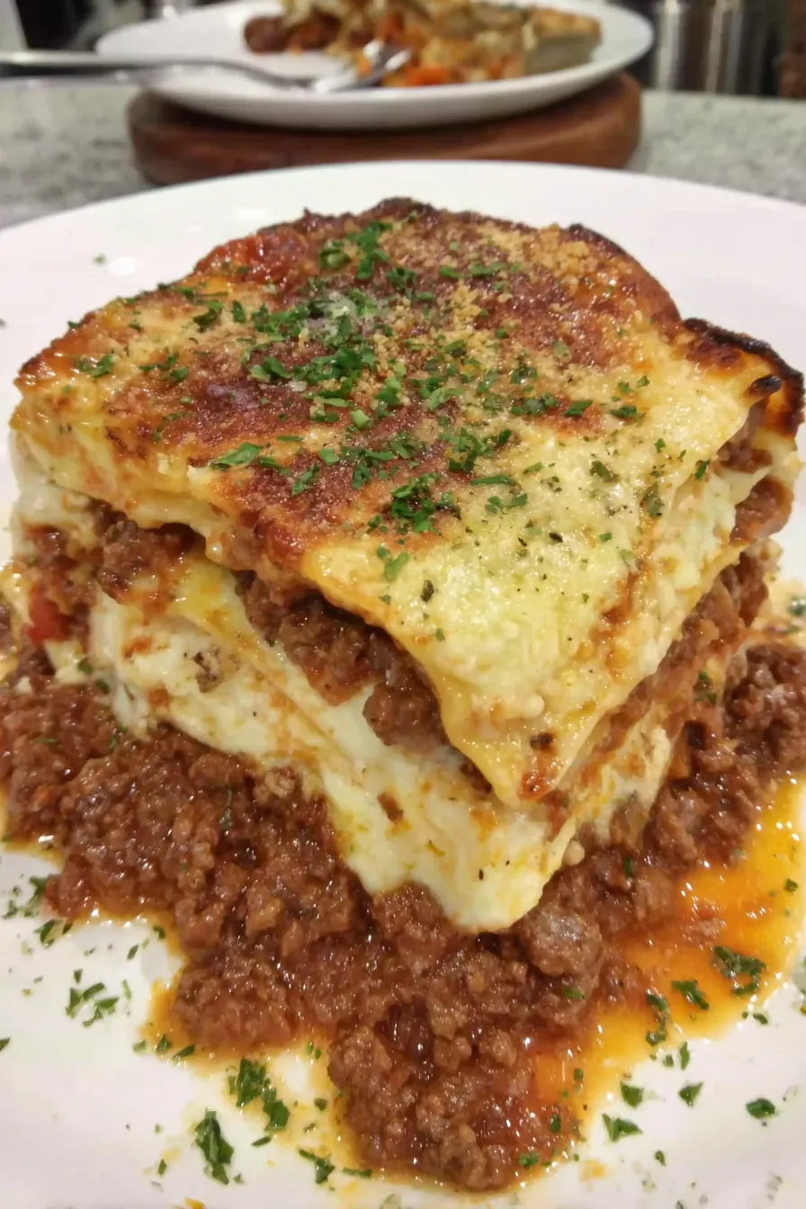 A stack of lasagna on a plate.
