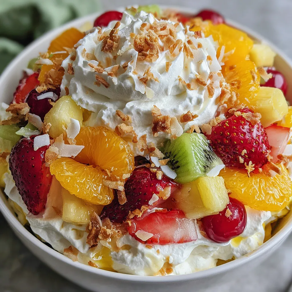 A bowl of fruit with whipped cream on top.