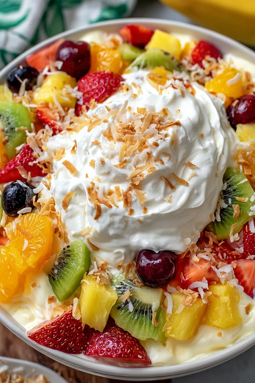 A bowl of fruit with coconut on top.