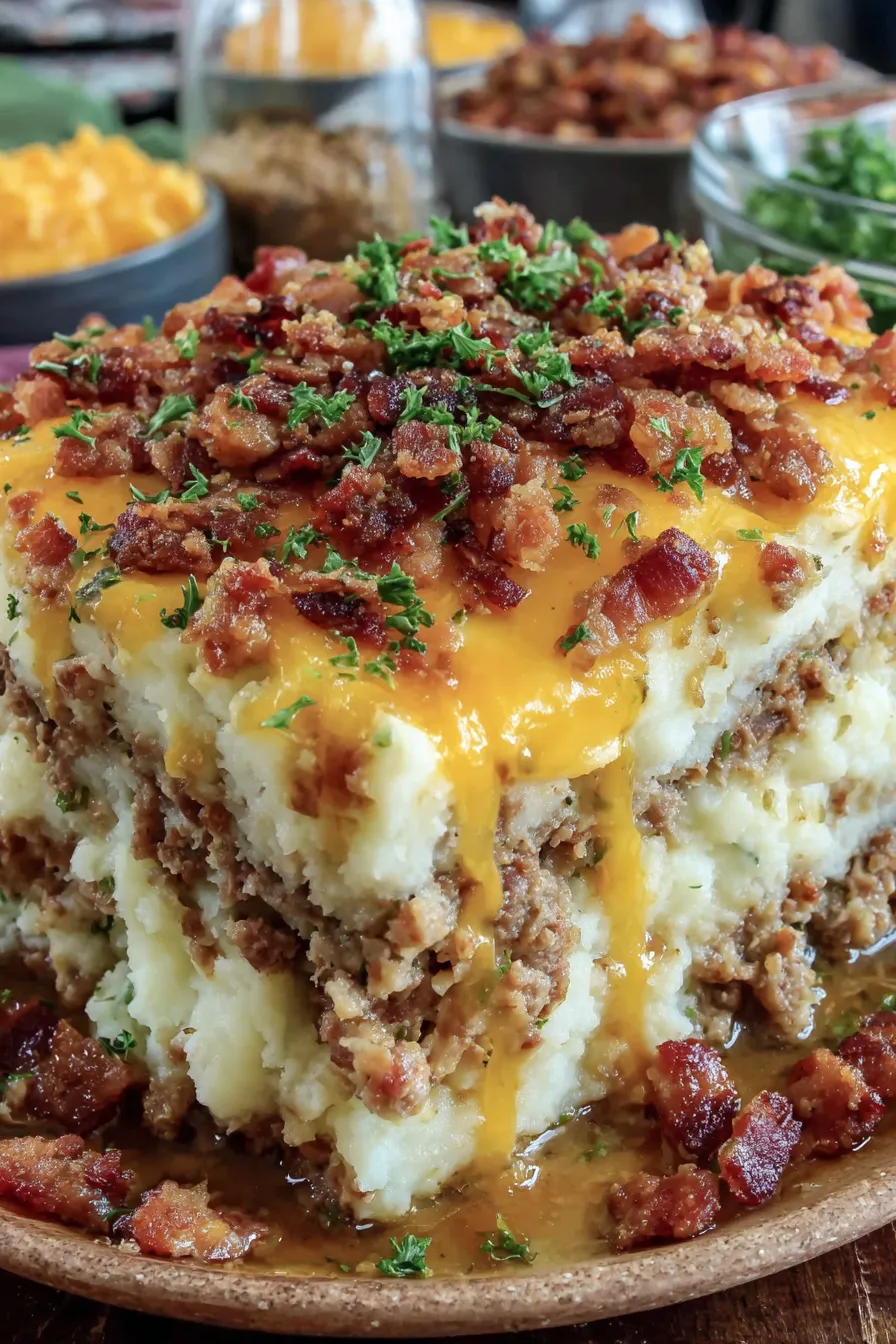 A stack of bacon and cheese.
