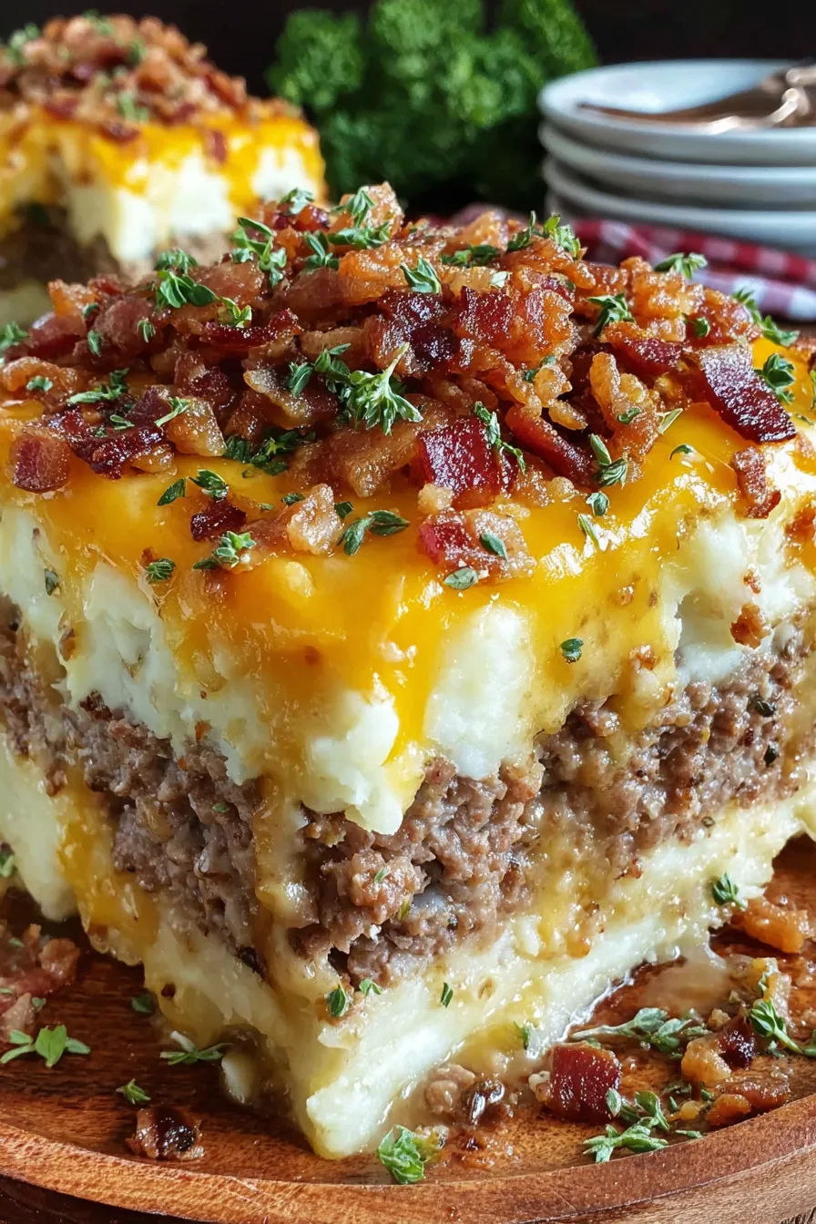 A close up of a delicious bacon and cheese casserole.