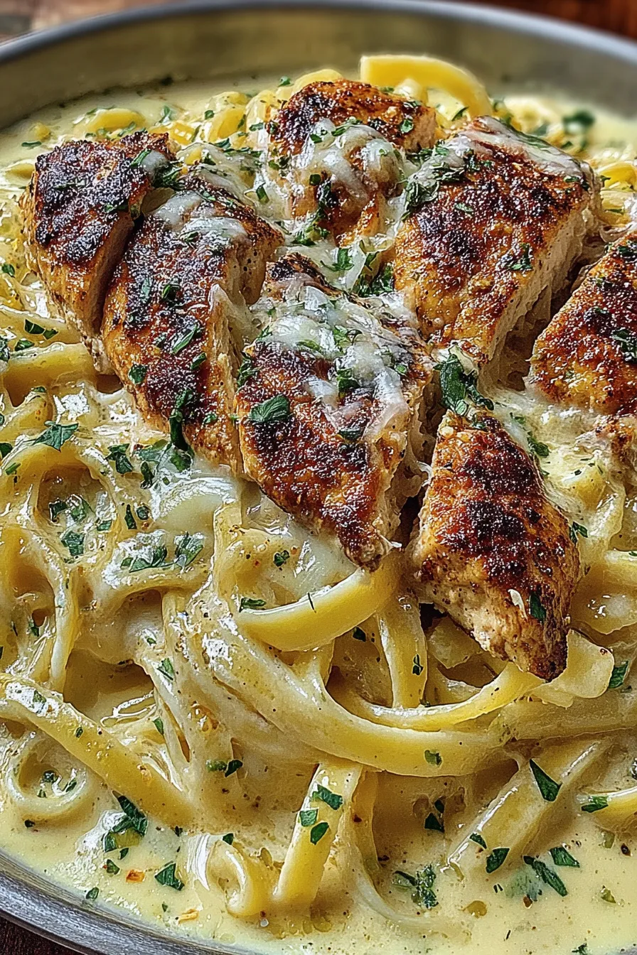 A plate of chicken and pasta.