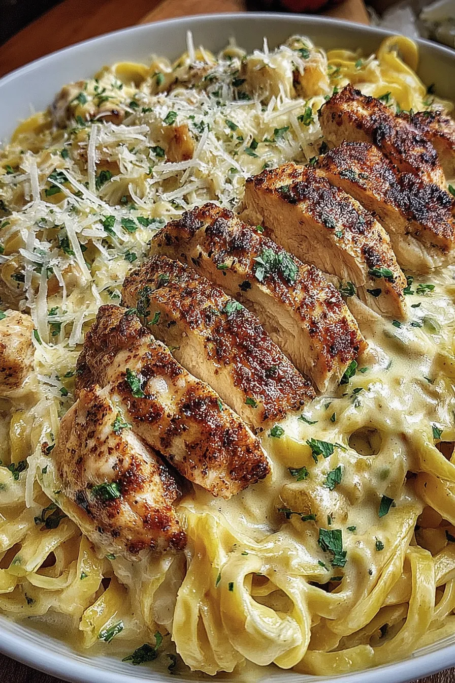 A plate of food with chicken and pasta.