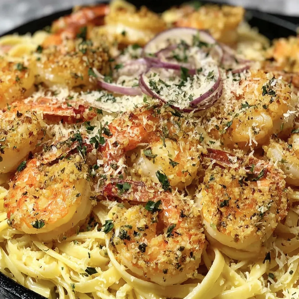 A bowl of shrimp and pasta.
