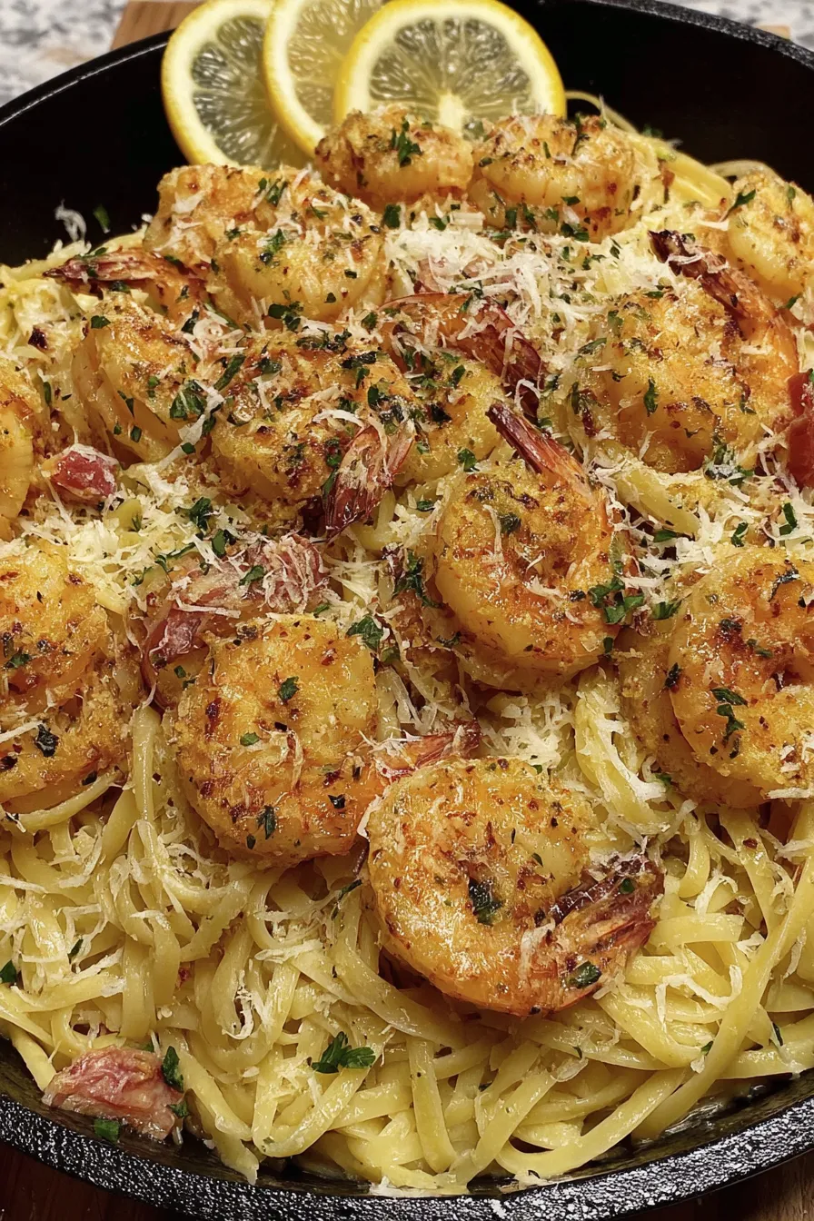 A dish of shrimp and pasta.