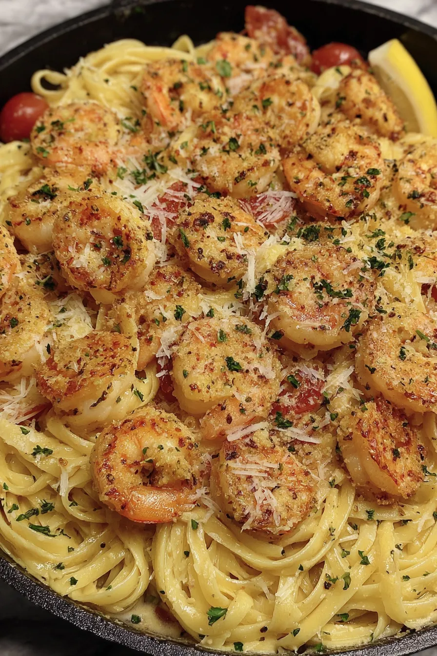 A plate of shrimp and pasta.