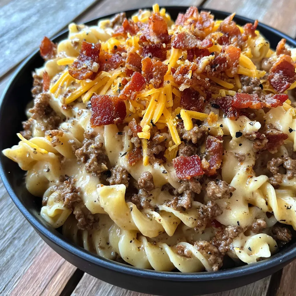 A bowl of pasta with cheese and bacon.