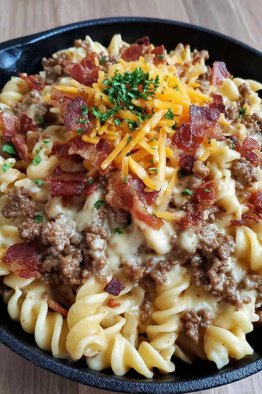 A bowl of pasta with cheese and bacon.