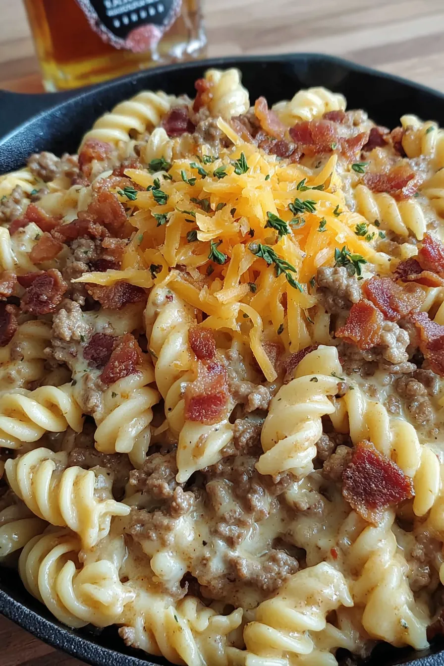 A bowl of pasta with cheese and bacon.