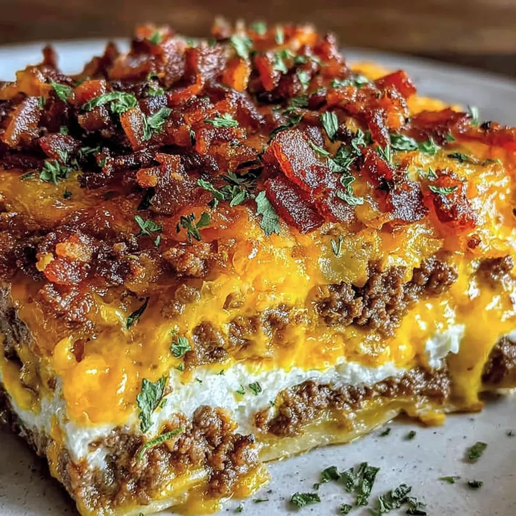 A slice of bacon and cheese casserole.