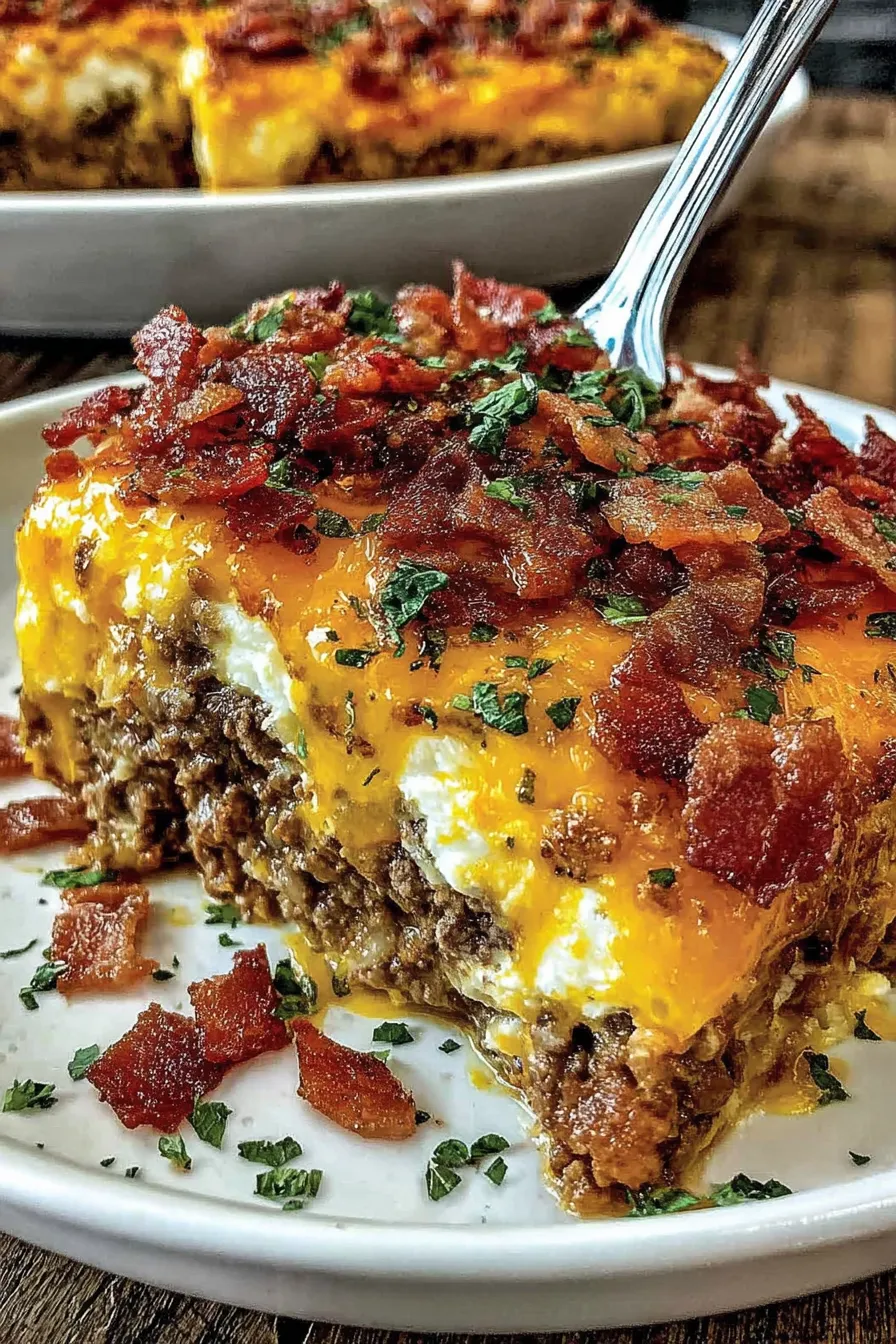 Bacon and cheese casserole on a plate.