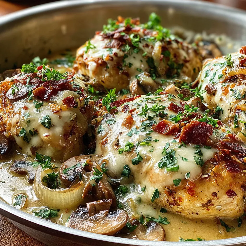 A pan of chicken with mushrooms and bacon.